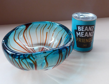 Load image into Gallery viewer, Unusual Chunky Blue Glass Bowl with Flat Polished Pontil Base - with Red Stripes from the Centre. Probably Italian, Murano
