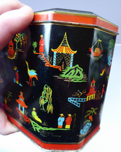 Load image into Gallery viewer, Vintage 1950s SCOTTISH Biscuit Tin for William Crawford. Stylish Mid Century Image with Stylised Chinese Motifs
