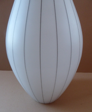 Load image into Gallery viewer, Mid-Century Design Classic. 1950s Skittle Shaped Glass Hanging Lampshade; possibly Danish. Opaque White Glass with Grey Stripes
