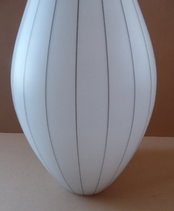 Mid-Century Design Classic. 1950s Skittle Shaped Glass Hanging Lampshade; possibly Danish. Opaque White Glass with Grey Stripes