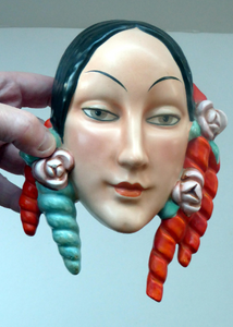 Rare 1930s GOEBEL Pottery Wall Mask. Art Deco Spanish Lady with Fabulous Floral Hair Decorations. LARGER size. 7 inches