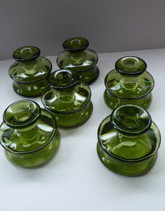 BOXED SET Jens QUISTGAARD Vintage Olive Green Glass Candlesticks or Miniature Vases. Set of Six. Dansk Designs
