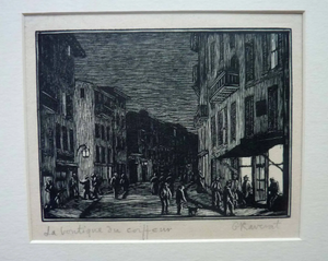 1920s Wood Engraving by Gwen Raveret The Barber's Shop France