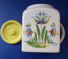 Load image into Gallery viewer, 1950s BRISTOL POTTERY Kitchen Canister or Storage Jar. Vintage Old Delft Tulip Design with Carrying Handle. TEA
