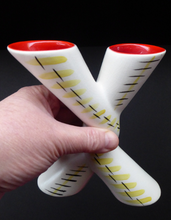 Load image into Gallery viewer, Rare 1950s Vintage SYLVAC Cross Shaped Bud Vase - with Abstract Yellow &amp; Black Pattern and Glossy Red Interior
