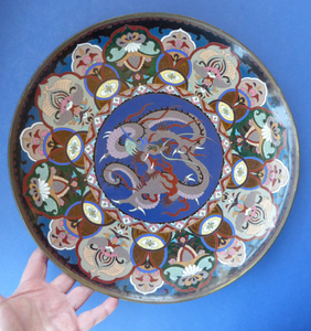 Antique Cloisonne Charger. Late 19th Century Large Size, over 14 inches: Decorated with a Swirling Dragon and Intricate Decorative Border