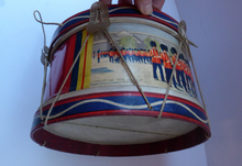 Load image into Gallery viewer, TOY DRUM. Vintage 1940s Trooping of the Colour Design. With Vellum Drumskin Top and Bottom
