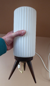 Vintage 1950s Scandinavian Style Table Lamp with Rosewood Tripod Feet and Tall Fluted White Glass Shade