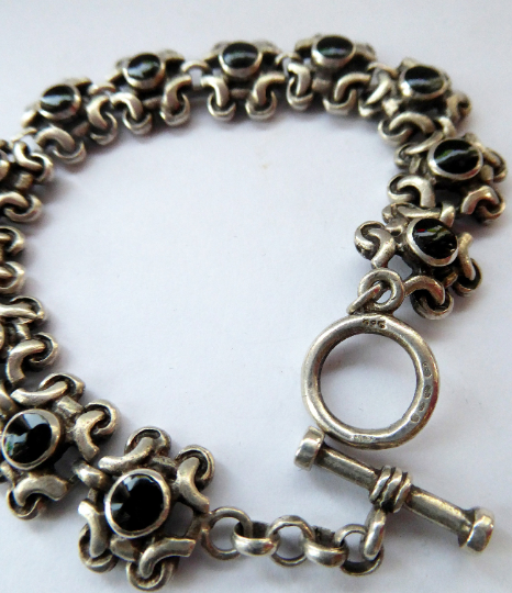 Vintage SOLID SILVER Bracelet with Abstract Floral Design & Black Enamel Details. SIGNED; probably Scandinavian