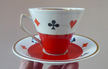 Load image into Gallery viewer, Four Polish CHODZIEZ Mid-Century Porcelain Tea Cups and Saucers. Playing Cards Design for BRIDGE
