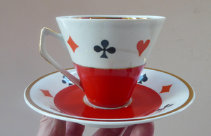 Four Polish CHODZIEZ Mid-Century Porcelain Tea Cups and Saucers. Playing Cards Design for BRIDGE