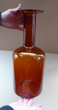 Load image into Gallery viewer, EXTRA LARGE Scandinavian GUL Vase or Bottle Vase. Designed 1962 by Otto Brauer for Holmegaard Glass, Denmark. Rich Brown / Dark Amber Colour
