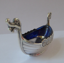 Load image into Gallery viewer, NORWEGIAN SILVER Viking Ship Salt Cellar by Theodor Olsens. With Original Blue Glass Liner &amp; Additional Spoon
