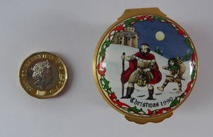 1990 Halcyon Days Enamels Christmas Box. Good King Wenceslas. Excellent Vintage Condition