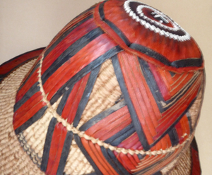 Vintage AFRICAN (Ghana) Woven Straw & Leather FULANI Hat with Straps. Nice, clean condition
