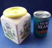 Load image into Gallery viewer, 1950s BRISTOL POTTERY Kitchen Canister or Storage Jar. Vintage Old Delft Tulip Design with Carrying Handle. RAISINS
