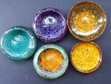 Load image into Gallery viewer, Wee SCOTTISH MONART GLASS Shallow Pin Dish. Mottled Orange, Red, Yellow and Brown Glass with Gold Aventurine &amp; Customary Raised Pontil Mark
