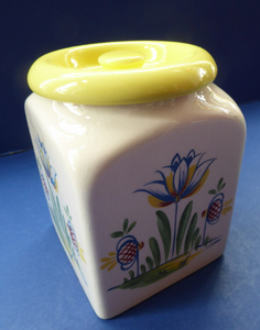 1950s BRISTOL POTTERY Kitchen Canister or Storage Jar. Vintage Old Delft Tulip Design with Carrying Handle. CURRANTS