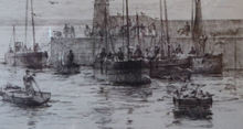 Load image into Gallery viewer, Rowland Langmaid Pencil Signed Etching Newlyn St Michael&#39;s Mount Cornwall
