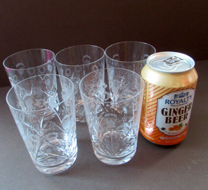 EDINBURGH CRYSTAL 1920s Tall Glasses or Tumblers. Each with stylish Older THISTLE and Flowers Pattern. Five Available