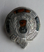 Load image into Gallery viewer, Antique SILVER BROOCH. Simple Cap Brooch Inset with Agates. Sweet Scottish Thistle Decoration
