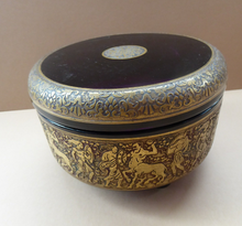 Load image into Gallery viewer, Moser Karlsbad AMETHYST GLASS Lidded Trinket Box with Four Ball Feet. Battle of the Centaurs. SIGNED
