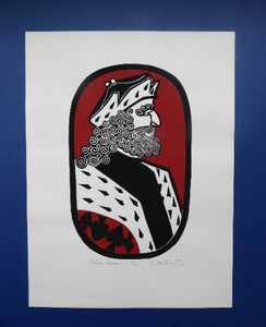 SCOTTISH ART. 1975 Original Willie Rodger Linocut on paper. Historical Figures: Malcolm Canmore. SIGNED in pencil