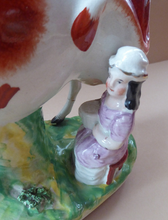 Load image into Gallery viewer, Genuine ANTIQUE STAFFORDSHIRE Figurine. Woman / Milkmaid with Large Cow by a Stream; 1880s
