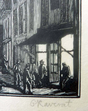 Load image into Gallery viewer, 1920s Wood Engraving by Gwen Raveret The Barber&#39;s Shop France
