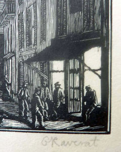 1920s Wood Engraving by Gwen Raveret The Barber's Shop France