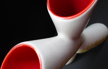 Load image into Gallery viewer, Rare 1950s Vintage SYLVAC Cross Shaped Bud Vase - with Abstract Yellow &amp; Black Pattern and Glossy Red Interior
