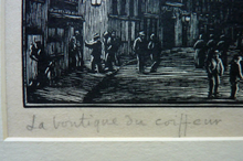 Load image into Gallery viewer, 1920s Wood Engraving by Gwen Raveret The Barber&#39;s Shop France
