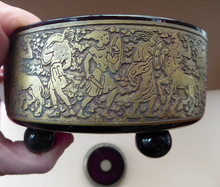Load image into Gallery viewer, Moser Karlsbad AMETHYST GLASS Lidded Trinket Box with Four Ball Feet. Battle of the Centaurs. SIGNED
