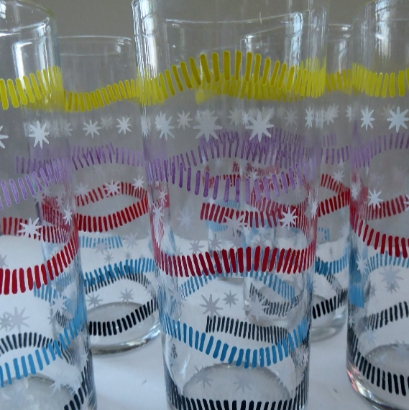 1950s SHERDLEY Six Slim Jims Drinking Glasses. Abstract Design; Probably by Alexander Hardie-Williamson