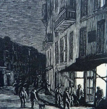 Load image into Gallery viewer, 1920s Wood Engraving by Gwen Raveret The Barber&#39;s Shop France
