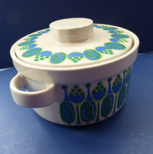 Load image into Gallery viewer, Rarer Granada Pattern: Vintage Norwegian FIGGJO FLINT Cassrole Dish with Minimalist Decoration of Blue &amp; Green Polka Dots
