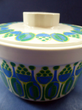 Load image into Gallery viewer, Rarer Granada Pattern: Vintage Norwegian FIGGJO FLINT Cassrole Dish with Minimalist Decoration of Blue &amp; Green Polka Dots
