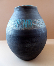 Load image into Gallery viewer, STUDIO POTTERY. Vintage 1960s Vase. Matt Black Lava Glaze &amp; Band with Blue Lustre Raised Stripes: GS Mark
