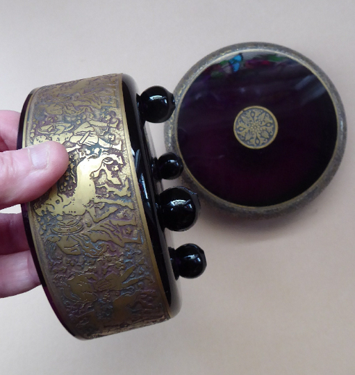 Moser Karlsbad AMETHYST GLASS Lidded Trinket Box with Four Ball Feet. Battle of the Centaurs. SIGNED