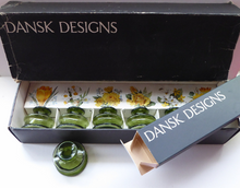 Load image into Gallery viewer, BOXED SET Jens QUISTGAARD Vintage Olive Green Glass Candlesticks or Miniature Vases. Set of Six. Dansk Designs
