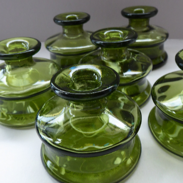 BOXED SET Jens QUISTGAARD Vintage Olive Green Glass Candlesticks or Miniature Vases. Set of Six. Dansk Designs