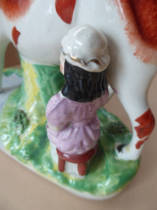 Genuine ANTIQUE STAFFORDSHIRE Figurine. Woman / Milkmaid with Large Cow by a Stream; 1880s