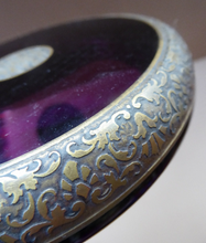 Load image into Gallery viewer, Moser Karlsbad AMETHYST GLASS Lidded Trinket Box with Four Ball Feet. Battle of the Centaurs. SIGNED
