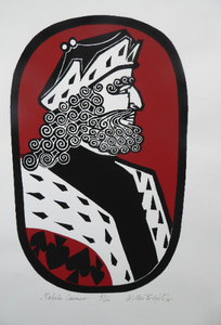 SCOTTISH ART. 1975 Original Willie Rodger Linocut on paper. Historical Figures: Malcolm Canmore. SIGNED in pencil