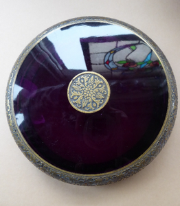 Moser Karlsbad AMETHYST GLASS Lidded Trinket Box with Four Ball Feet. Battle of the Centaurs. SIGNED