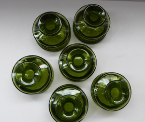 BOXED SET Jens QUISTGAARD Vintage Olive Green Glass Candlesticks or Miniature Vases. Set of Six. Dansk Designs