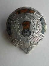 Load image into Gallery viewer, Antique SILVER BROOCH. Simple Cap Brooch Inset with Agates. Sweet Scottish Thistle Decoration
