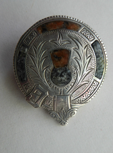 Antique SILVER BROOCH. Simple Cap Brooch Inset with Agates. Sweet Scottish Thistle Decoration