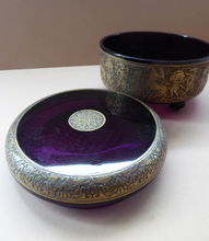 Load image into Gallery viewer, Moser Karlsbad AMETHYST GLASS Lidded Trinket Box with Four Ball Feet. Battle of the Centaurs. SIGNED
