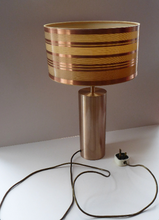 Load image into Gallery viewer, 1960s Vintage Table Lamp with Tubular Gold Tone Metal Cylindrical Body and Original Metallic Stripes Drum Shade
